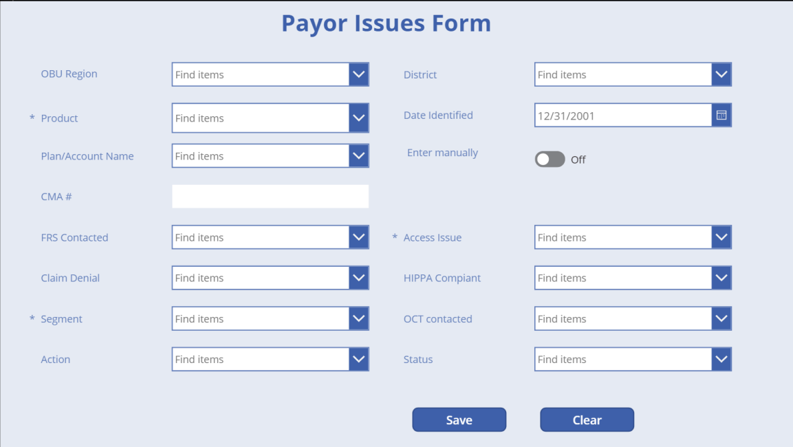 Payor Issues Form